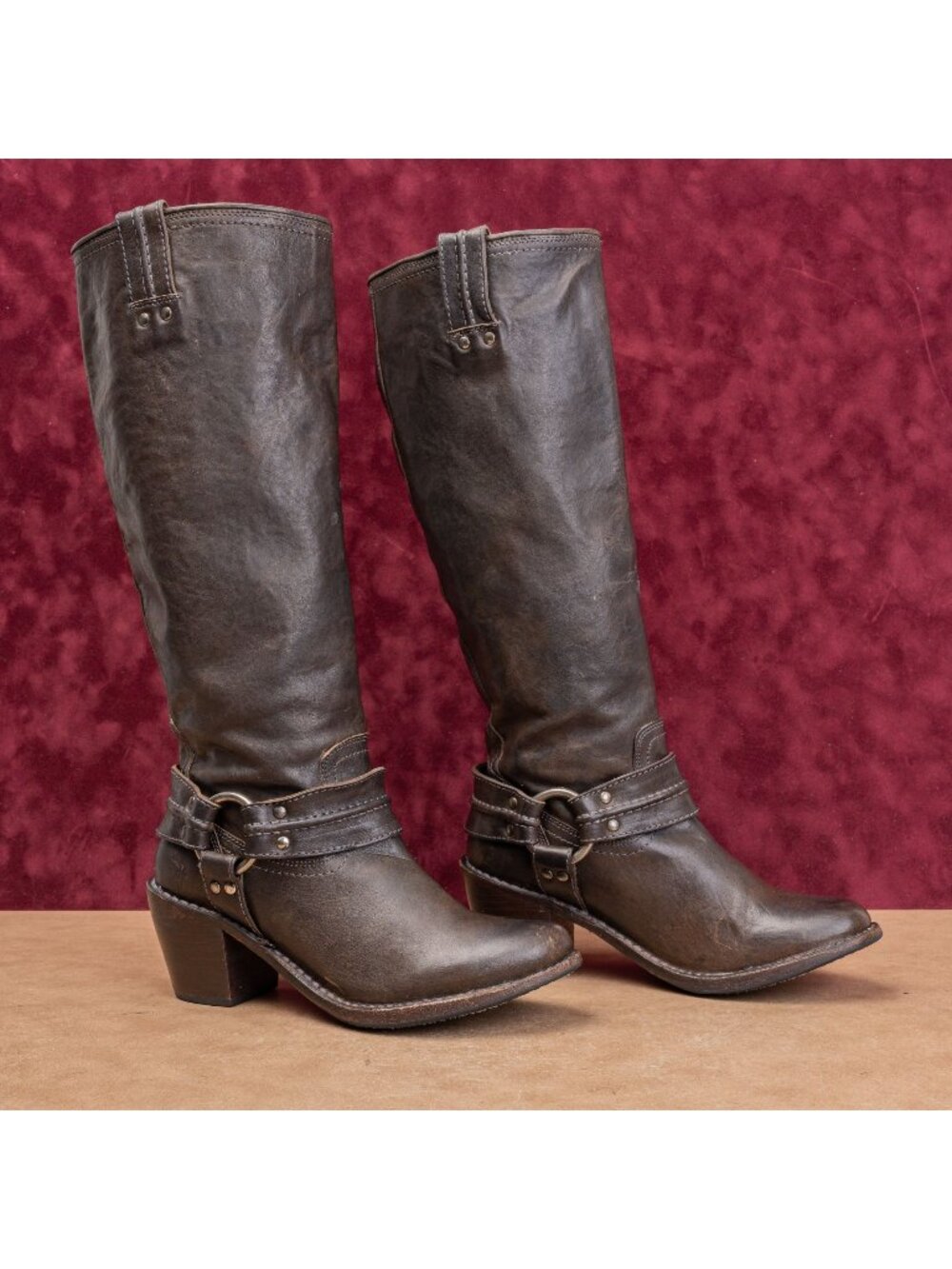 Frye Women Harness Moto Festival Party Dark Brown Leather Knee Boots sz 7.5